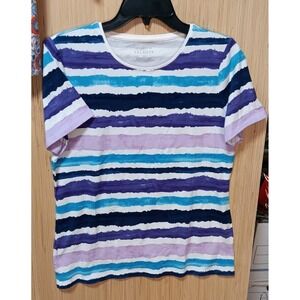 Talbots Sz M Wavy Watercolor‎ Striped Turquoise Blue Purple Striped Short Sleeve